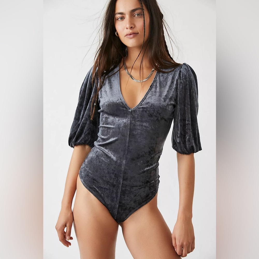 Free People Intimately Don’t You Wish Velvet Bodysuit in Sunflower Seed - Picture 2 of 10